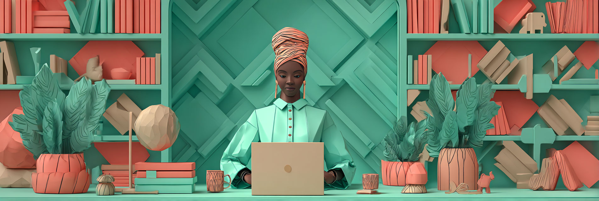 A paper doll working at her laptop