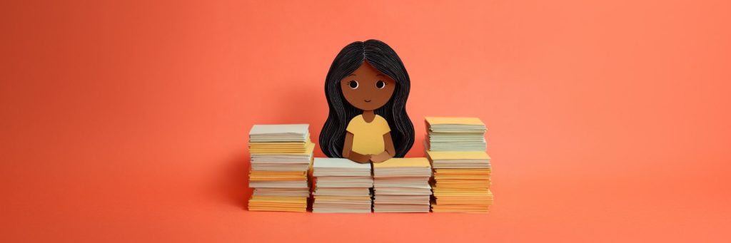 A paper doll against a coral background