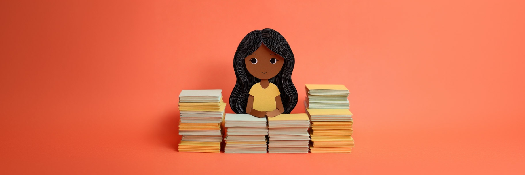 A paper doll against a coral background